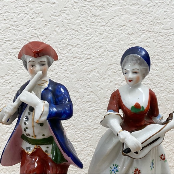 Pair Vintage Occupied Japan Colonial Victorian Couple Playing Instrument Figure - Picture 4 of 11